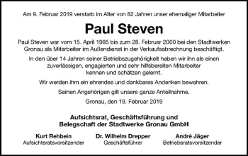 Anzeige von Paul Steven von Westfälische Nachrichten