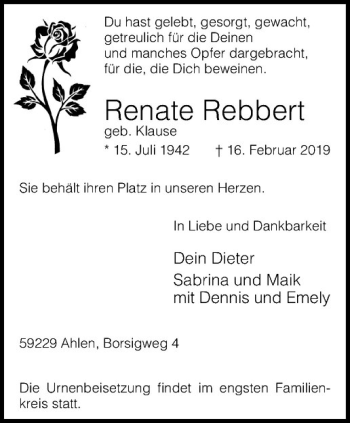 Anzeige von Renate Rebbert von Westfälische Nachrichten
