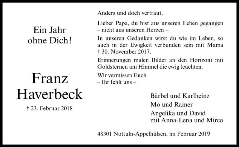  Traueranzeige für Franz Haverbeck vom 23.02.2019 aus Westfälische Nachrichten