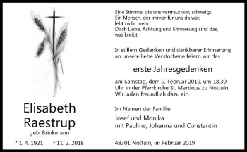 Anzeige von Elisabeth Raestrup von Westfälische Nachrichten