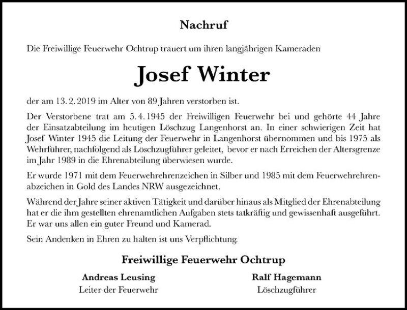  Traueranzeige für Josef Winter vom 16.02.2019 aus Westfälische Nachrichten