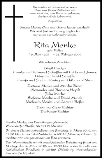 Anzeige von Rita Menke von Westfälische Nachrichten