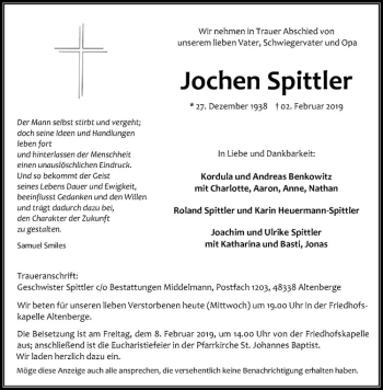 Anzeige von Jochen Spittler von Westfälische Nachrichten