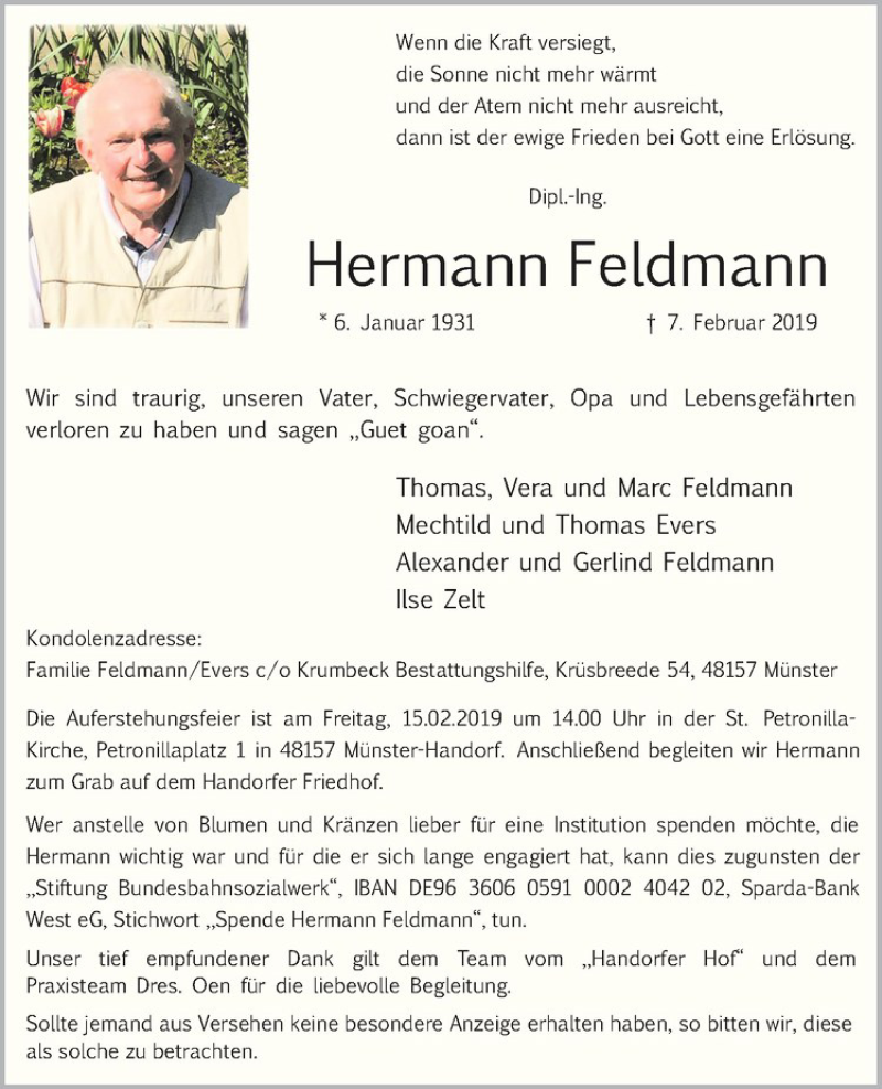  Traueranzeige für Hermann Feldmann vom 13.02.2019 aus Westfälische Nachrichten