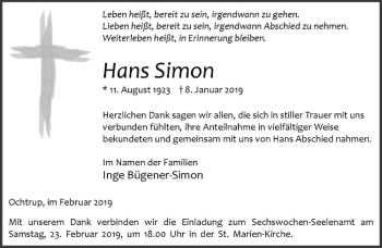Anzeige von Hans Simon von Westfälische Nachrichten