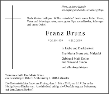 Anzeige von Franz Bruns von Westfälische Nachrichten