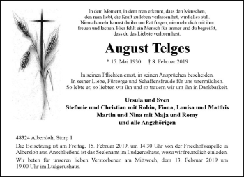 Anzeige von August Telges von Westfälische Nachrichten
