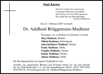 Anzeige von Adelhaid Brüggemann-Madlener von Westfälische Nachrichten