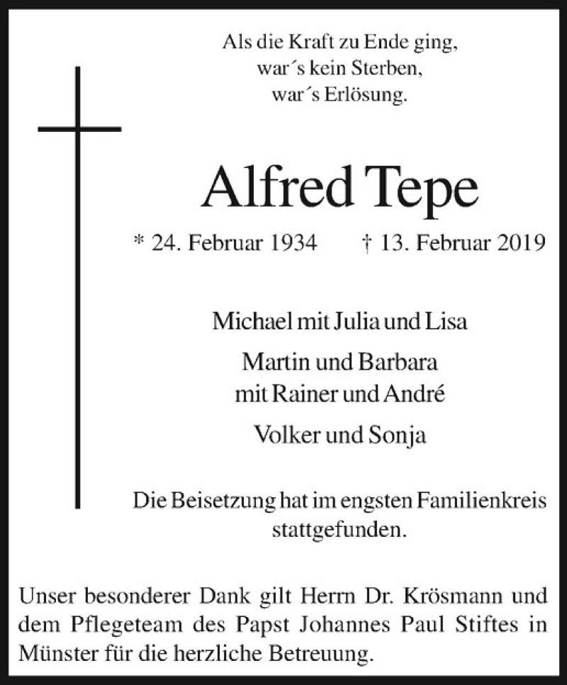  Traueranzeige für Alfred Tepe vom 23.02.2019 aus Westfälische Nachrichten