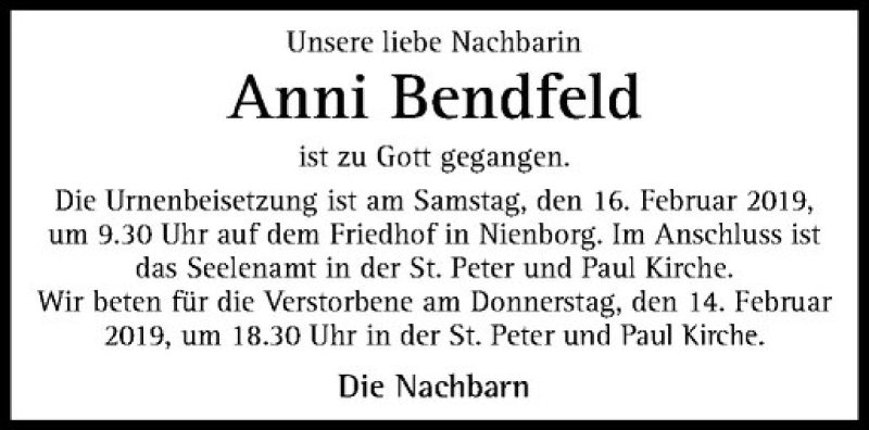  Traueranzeige für Anni Bendfeld vom 12.02.2019 aus Westfälische Nachrichten