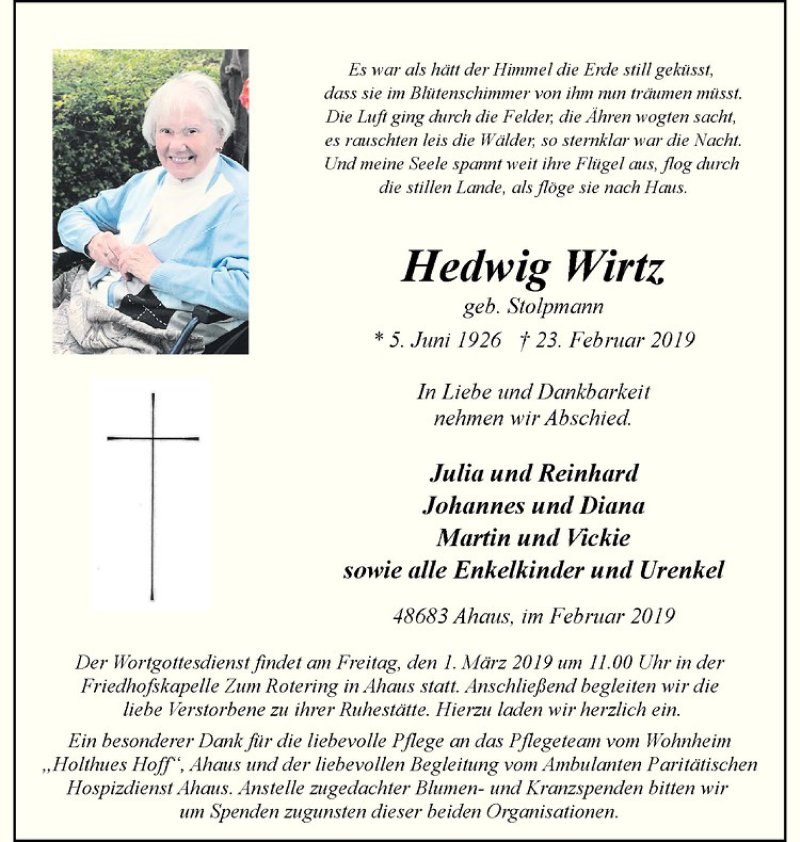  Traueranzeige für Hedwig Wirtz vom 27.02.2019 aus Westfälische Nachrichten