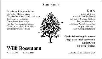 Anzeige von Willi Roesmann von Westfälische Nachrichten