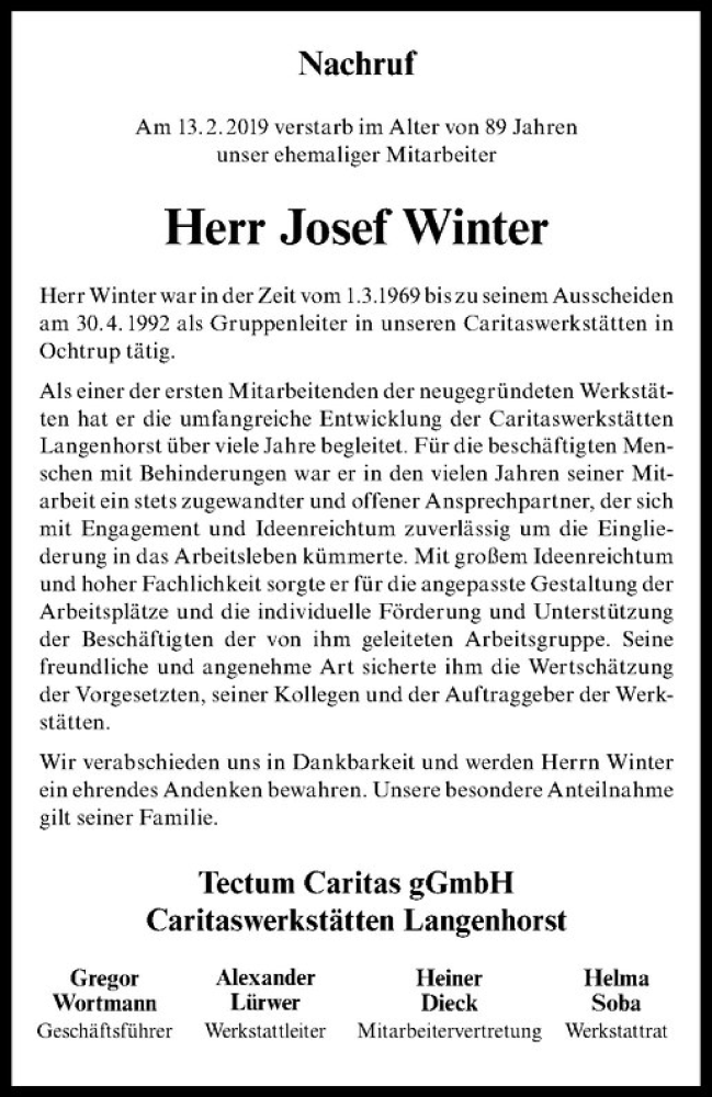  Traueranzeige für Josef Winter vom 20.02.2019 aus Westfälische Nachrichten
