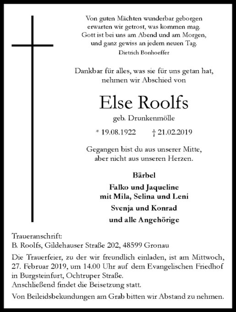  Traueranzeige für Else Roolfs vom 26.02.2019 aus Westfälische Nachrichten