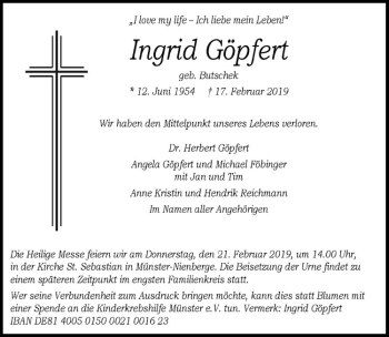 Anzeige von Ingrid Göpfert von Westfälische Nachrichten