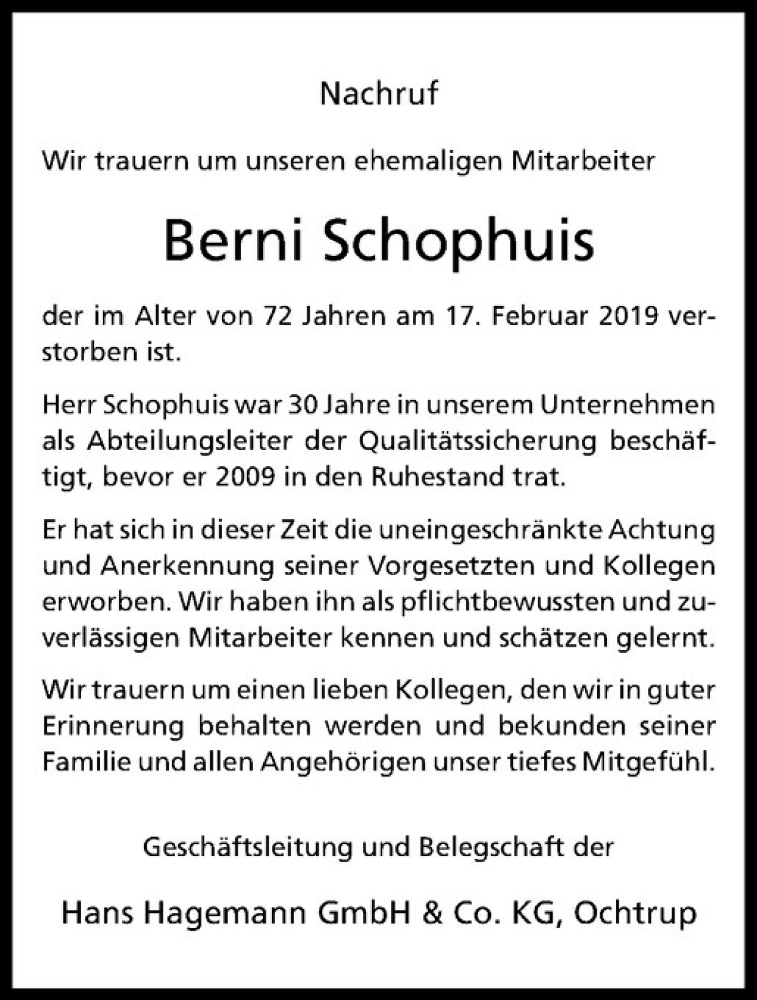  Traueranzeige für Berni Schophuis vom 23.02.2019 aus Westfälische Nachrichten