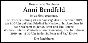 Anzeige von Anni Bendfeld von Westfälische Nachrichten