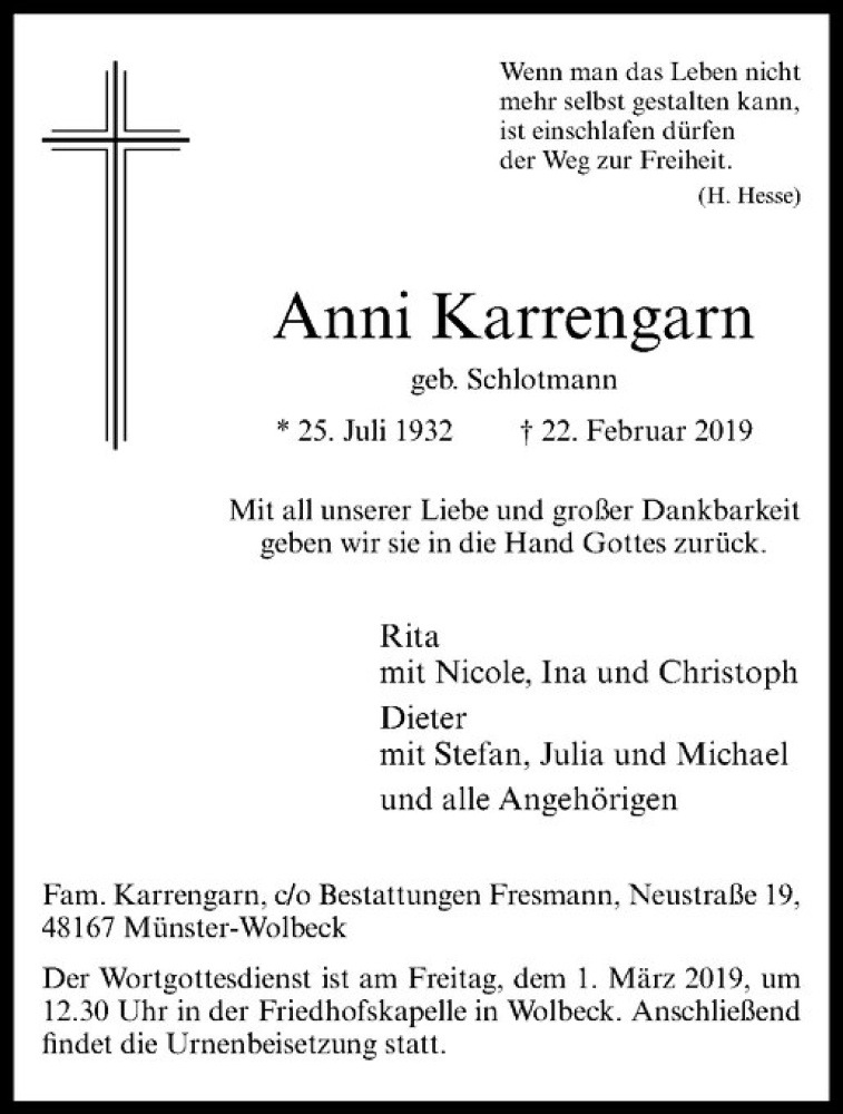  Traueranzeige für Karl Karrengarn vom 27.02.2019 aus Westfälische Nachrichten