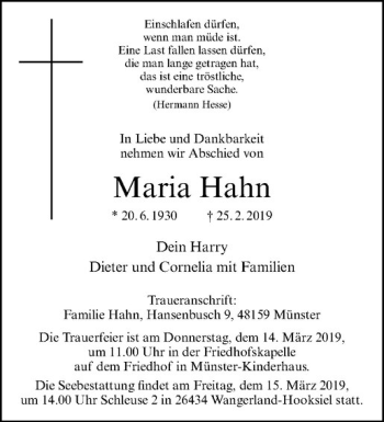 Anzeige von Maria Hahn von Westfälische Nachrichten