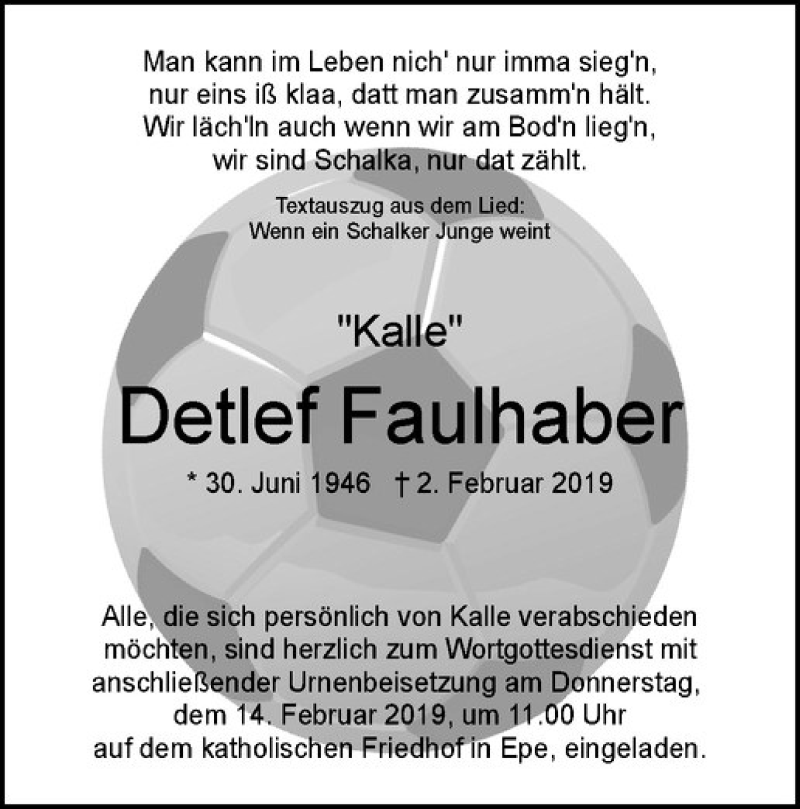  Traueranzeige für Detlef Faulhaber vom 09.02.2019 aus Westfälische Nachrichten