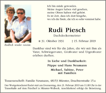 Anzeige von Rudi Piesch von Westfälische Nachrichten