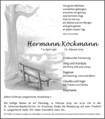 Anzeige von Hermann Kockmann von Westfälische Nachrichten