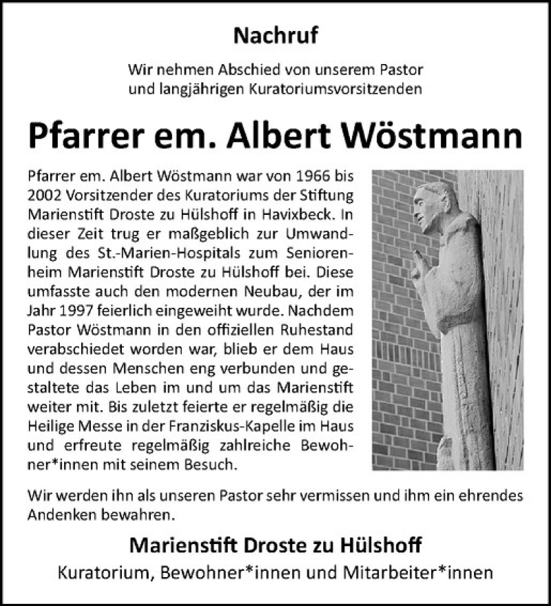  Traueranzeige für Albert Wöstmann vom 09.02.2019 aus Westfälische Nachrichten