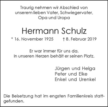 Anzeige von Hermann Schulz von Westfälische Nachrichten