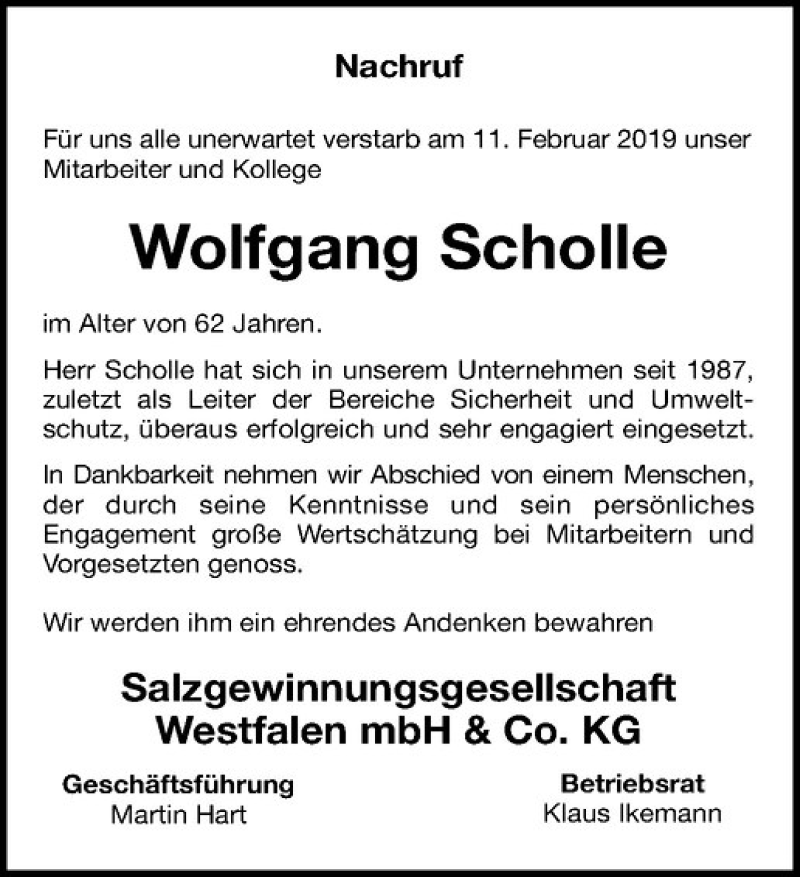  Traueranzeige für Wolfgang Scholle vom 19.02.2019 aus Westfälische Nachrichten