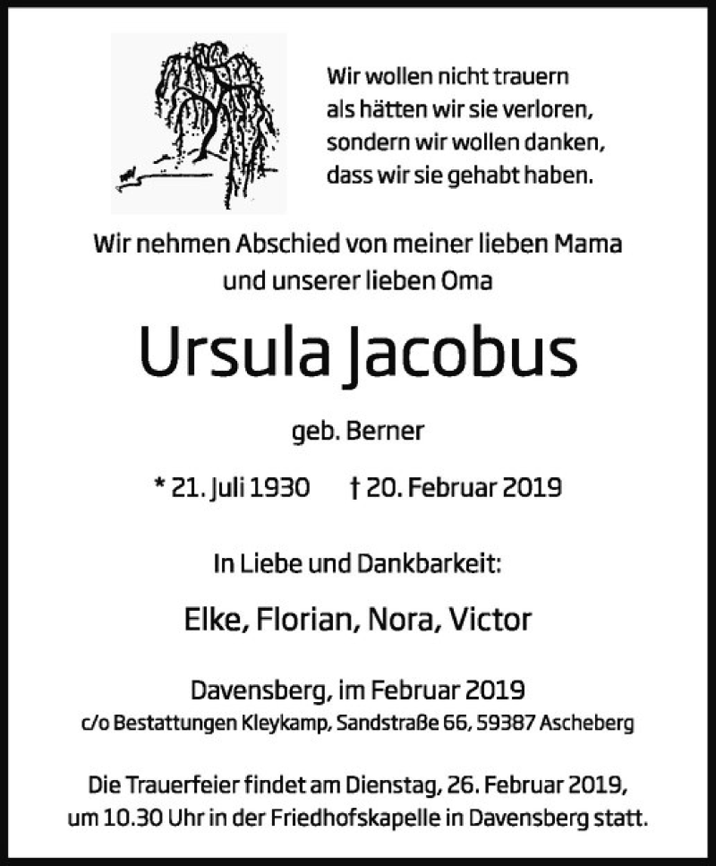  Traueranzeige für Ursula Jacobus vom 23.02.2019 aus Westfälische Nachrichten
