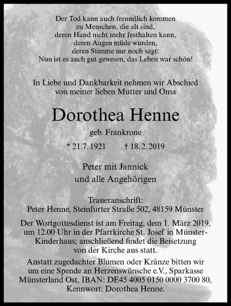  Traueranzeige für Dorothea Henne vom 23.02.2019 aus Westfälische Nachrichten