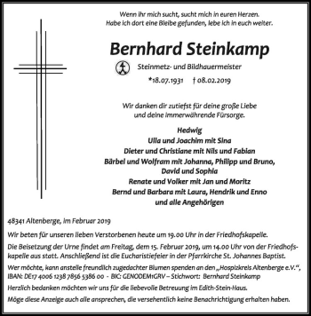 Anzeige von Bernhard Steinkamp von Westfälische Nachrichten