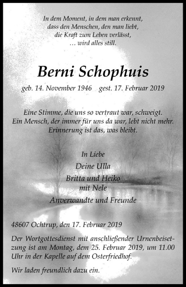  Traueranzeige für Berni Schophuis vom 20.02.2019 aus Westfälische Nachrichten