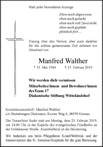 Anzeige von Manfred Walther von Westfälische Nachrichten