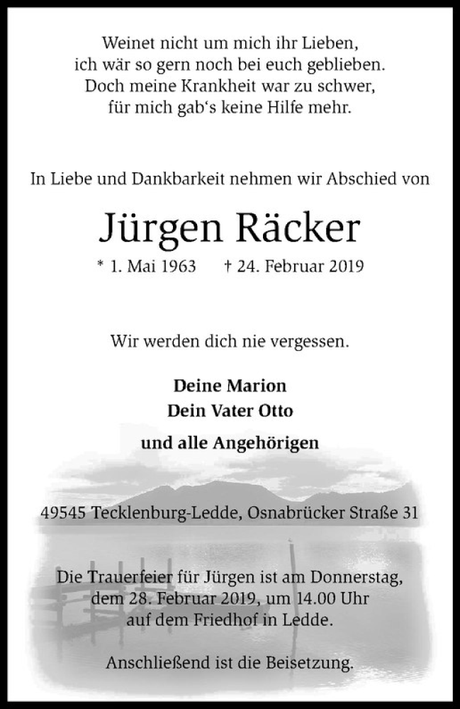  Traueranzeige für Jürgen Räcker vom 26.02.2019 aus Westfälische Nachrichten