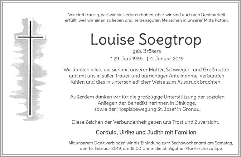  Traueranzeige für Louise Soegtrop vom 09.02.2019 aus Westfälische Nachrichten
