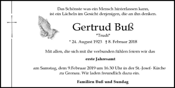 Anzeige von Getrud Buß von Westfälische Nachrichten