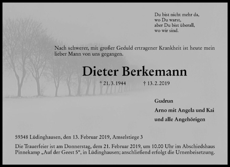  Traueranzeige für Dieter Berkemann vom 16.02.2019 aus Westfälische Nachrichten