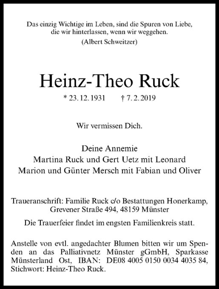  Traueranzeige für Heinz-Theo Ruck vom 09.02.2019 aus Westfälische Nachrichten