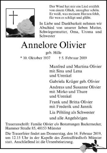 Anzeige von Annelore Olivier von Westfälische Nachrichten