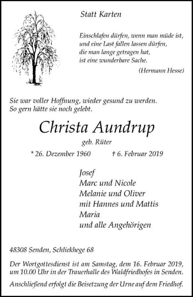  Traueranzeige für Christa Aundrup vom 09.02.2019 aus Westfälische Nachrichten