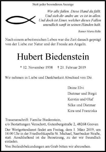 Anzeige von Hubert Biedenstein von Westfälische Nachrichten