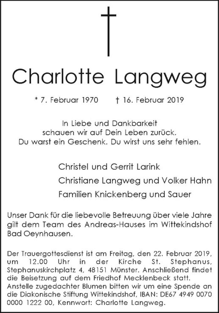  Traueranzeige für Charlotte Langweg vom 20.02.2019 aus Westfälische Nachrichten