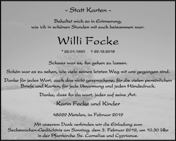 Anzeige von Willi Focke von Westfälische Nachrichten