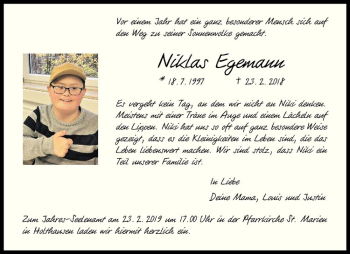 Anzeige von Niklas Egemann von Westfälische Nachrichten