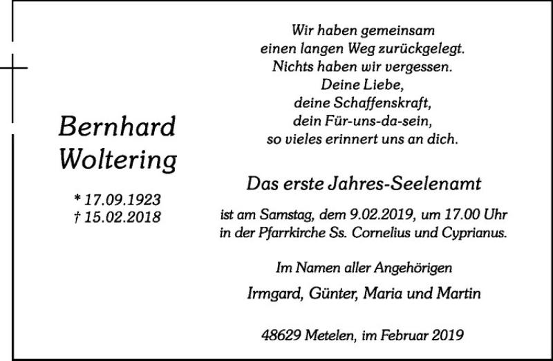  Traueranzeige für Bernhard Woltering vom 05.02.2019 aus Westfälische Nachrichten