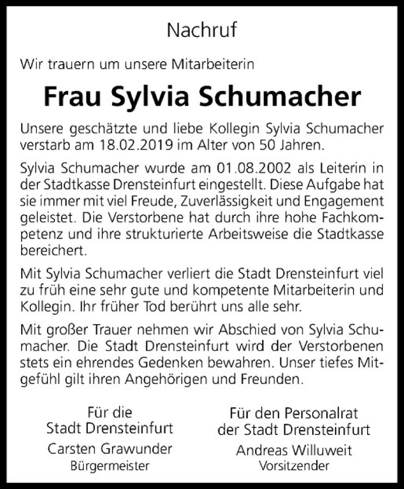  Traueranzeige für Sylvia Schumacher vom 23.02.2019 aus Westfälische Nachrichten