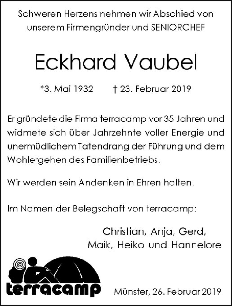  Traueranzeige für Eckhard Vaubel vom 27.02.2019 aus Westfälische Nachrichten