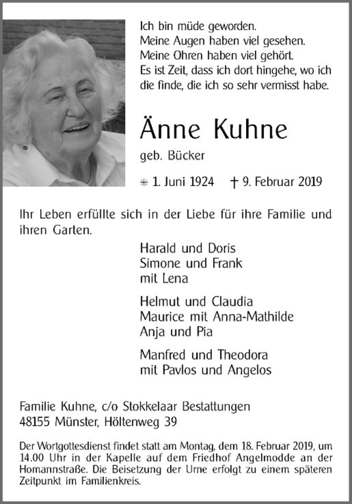  Traueranzeige für Änne Kuhne vom 13.02.2019 aus Westfälische Nachrichten