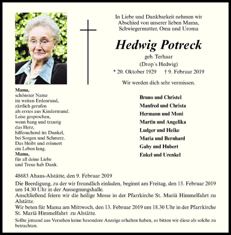  Traueranzeige für Hedwig Potreck vom 12.02.2019 aus Westfälische Nachrichten